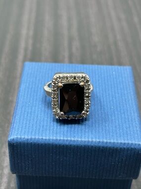 Vintage Signed Emerald Cut Black Stone Halo Style Ring 5.75